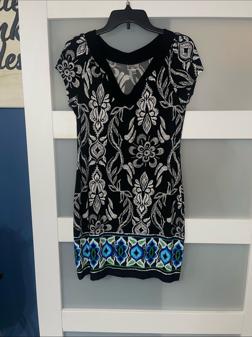 Sweet Storm Black Mini Dress with white Pattern and Blue Border